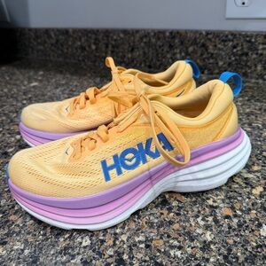 Hoka Women's Peach and Blue Cushioned Running Sneakers with Pink Midsole size 7